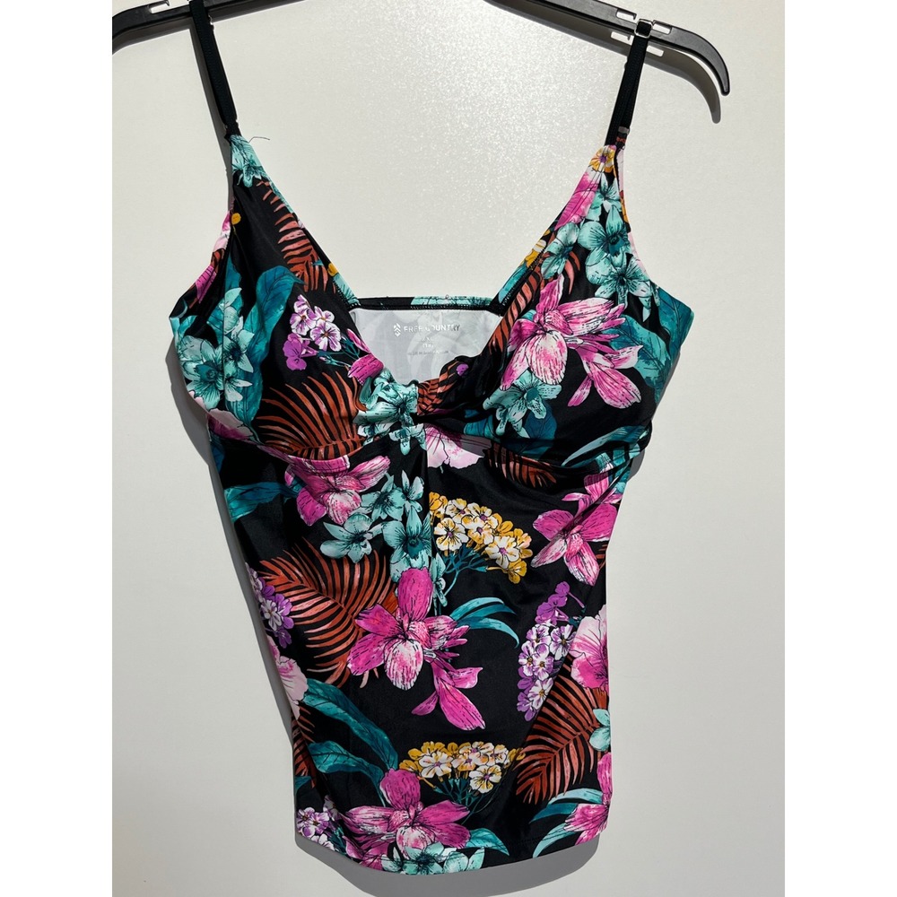 Free Country Women XXL 18 Black Floral Tropical Twist Front Tankini Swim Top